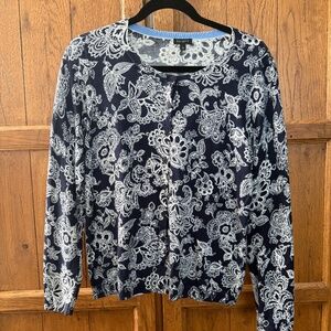 Talbots Navy Blue White Floral Paisley Cardigan Sweater Large